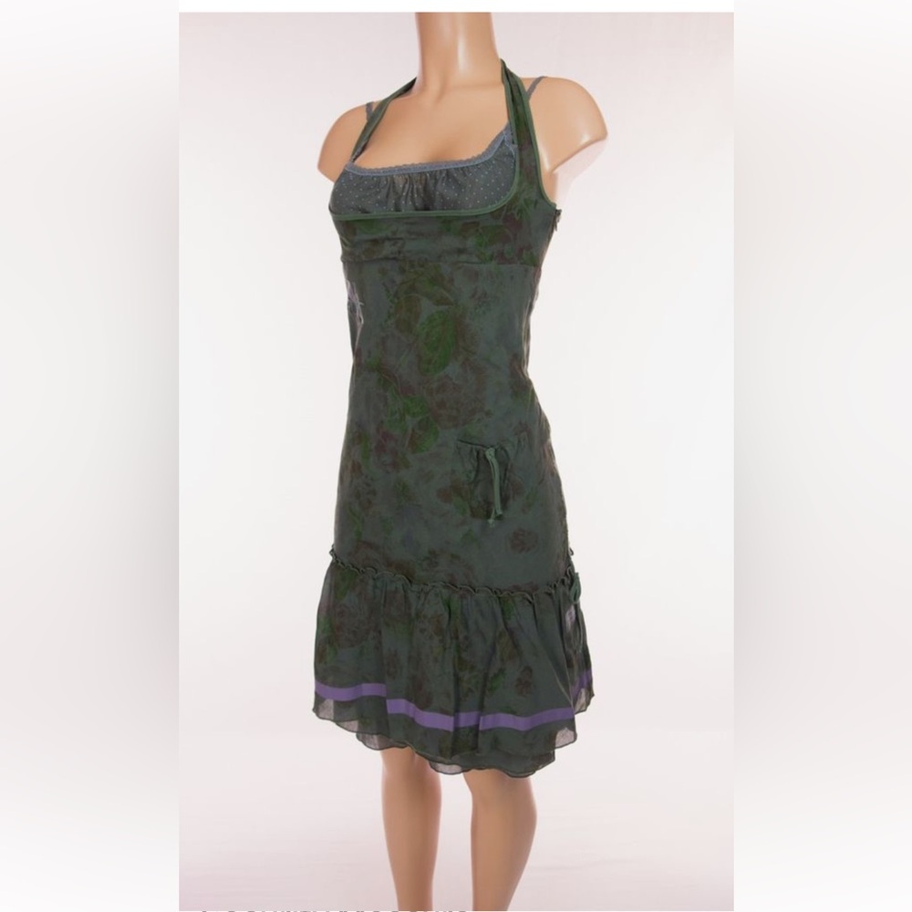 Cop.Copine Dark Green Floral Halter Dress with Purple Trim